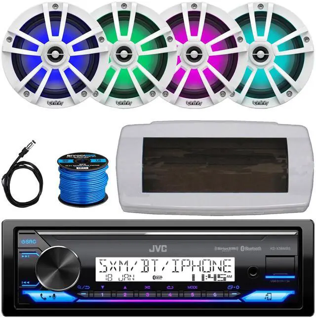 Main image of JVC KD-X38MBS Single-DIN Marine Bluetooth USB/AUX LED AM/FM SiriusXM Ready Stereo Receiver W/White Cover, 4x 6.5" 225W Max Power Waterproof Coaxial Boat White Speakers, 50 Feet Speaker Wire, Antenna