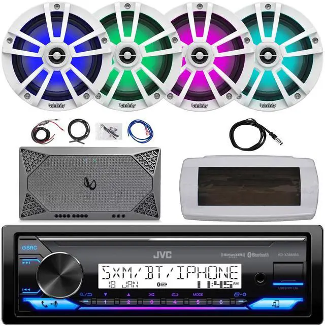 Main image of JVC KD-X38MBS Single-DIN Marine Bluetooth USB/AUX LED AM/FM SiriusXM Ready Stereo Receiver W/White Cover, 4x 6.5" 225W Max Power Waterproof Coaxial White Speakers, 4-Channel Amplifier W/Kit, Antenna