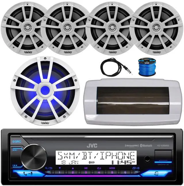 Main image of JVC KD-X38MBS Single-DIN Marine Bluetooth USB/AUX LED AM/FM SiriusXM Ready Stereo Receiver W/White Cover, 4x 6.5" 225W Max Power 2-Way Boat Speakers W/Wire, 10" 750W Max Power Subwoofer, 22" Antenna