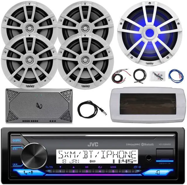 Main image of JVC KD-X38MBS Single-DIN Marine Bluetooth USB/AUX LED AM/FM SiriusXM Ready Stereo Receiver W/White Cover, 4x 6.5" 225W Max 2-Way Speakers, 10" RGB LED Subwoofer, 4-Channel Amplifier W/Kit, 22" Antenna