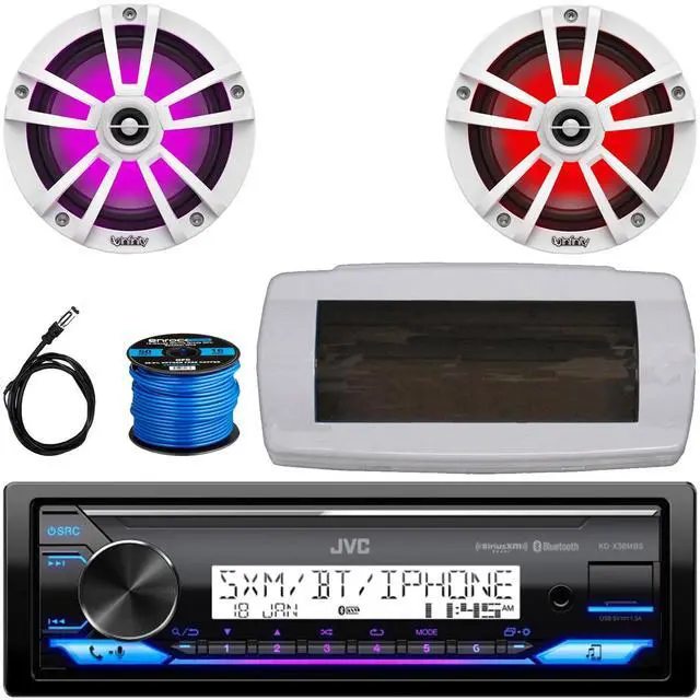 Main image of JVC KD-X38MBS Single-DIN Marine Bluetooth USB/AUX LED AM/FM SiriusXM Ready Stereo Receiver W/White Cover, 2x 6.5" 225W Max Power Waterproof Coaxial RGB LED Boat White Speakers W/50 Feet Wire, Antenna
