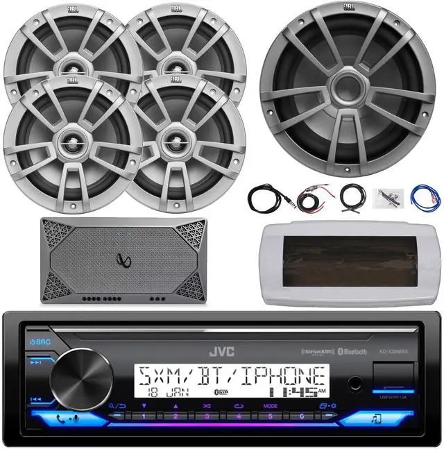 Main image of JVC KD-X38MBS Single-DIN Marine Bluetooth USB/AUX LED AM/FM SiriusXM Ready Stereo Receiver W/White Cover, 4x 8" 375W Max Power Gray Speakers, 10" 600W Max Subwoofer, 4-Channel Amplifier W/Kit, Antenna