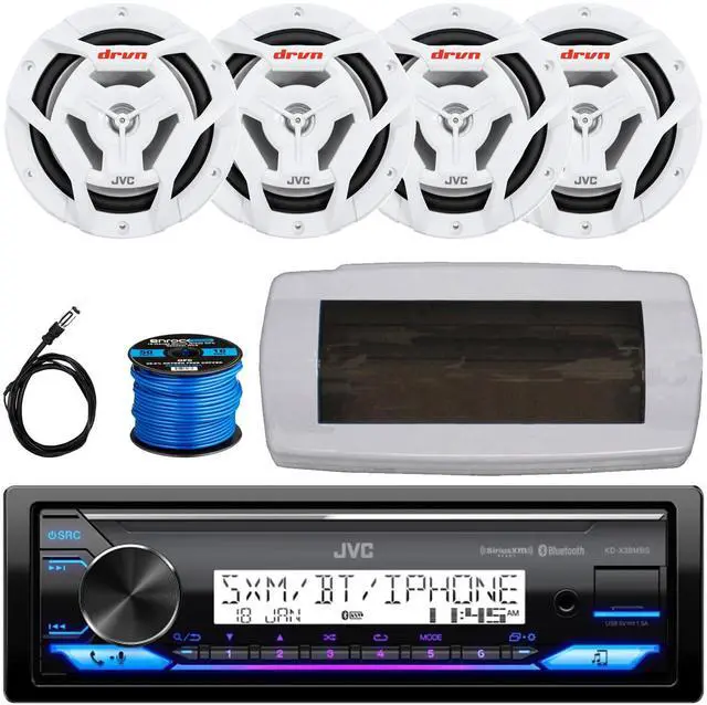 Main image of JVC KD-X38MBS Single-DIN Marine Bluetooth USB/AUX LED AM/FM SiriusXM Ready Stereo Receiver W/White Cover, 4x 6.5" 150W Max Power 2-Way Coaxial White Boat Speakers, 50 Feet Speaker Wire, 22" Antenna