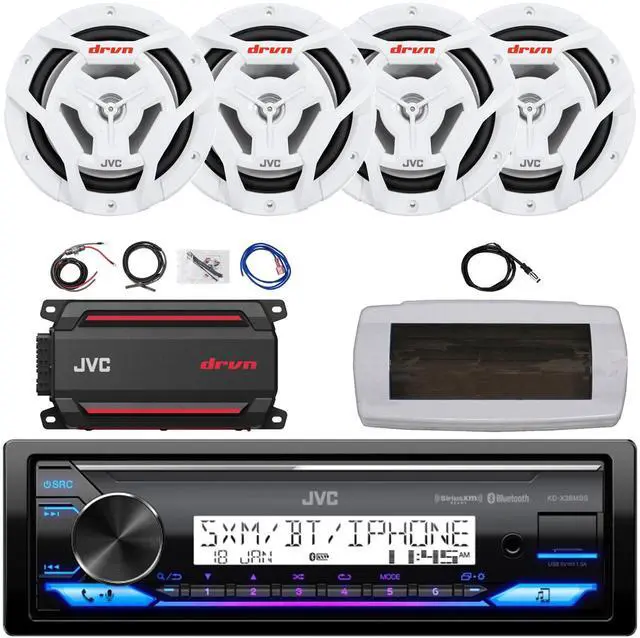 Main image of JVC KD-X38MBS Single-DIN Marine Bluetooth USB/AUX LED AM/FM SiriusXM Ready Stereo Receiver W/White Cover, 4x 6.5" 150W Max Power 2-Way Coaxial White Boat Speakers, 4-Channel Amplifier W/Kit, Antenna