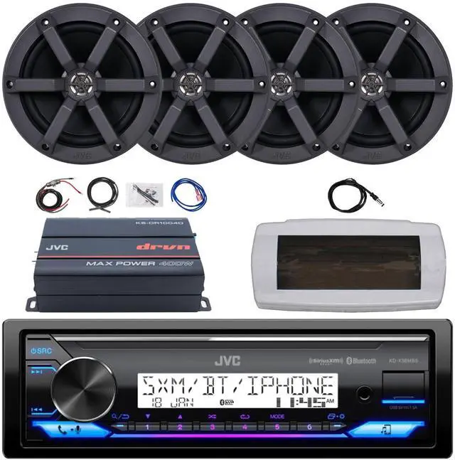Main image of JVC KD-X38MBS Single-DIN Marine Bluetooth USB/AUX LED AM/FM SiriusXM Ready Stereo Receiver W/White Cover, 4x 6.5" 100W Max Power 2-Way Boat Speakers, 4-Channel Compact Amplifier W/8 Gauge Kit, Antenna