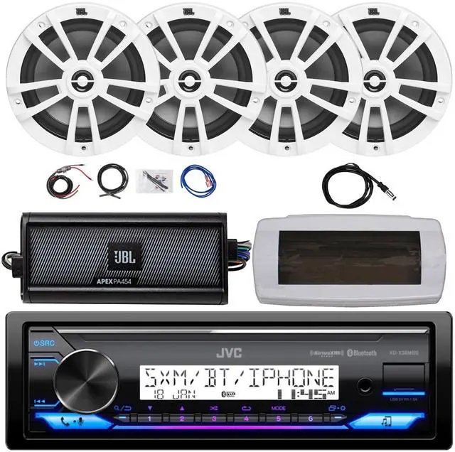 Main image of JVC KD-X38MBS Single-DIN Marine Bluetooth USB/AUX LED AM/FM SiriusXM Ready Stereo Receiver W/White Cover, 4x 6.5" 180W Max Power 2-Way White Speakers, 4-Channel Class D Amplifier W/Kit, Radio Antenna
