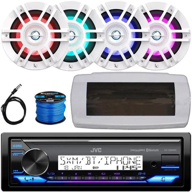 Main image of JVC KD-X38MBS Single-DIN Marine Bluetooth USB/AUX LED AM/FM SiriusXM Ready Stereo Receiver W/White Cover, 4x 6.5" 300W Max 2-Way Coaxial White Boat RGB LED Speakers W/50 Feet Wire, 22" Radio Antenna