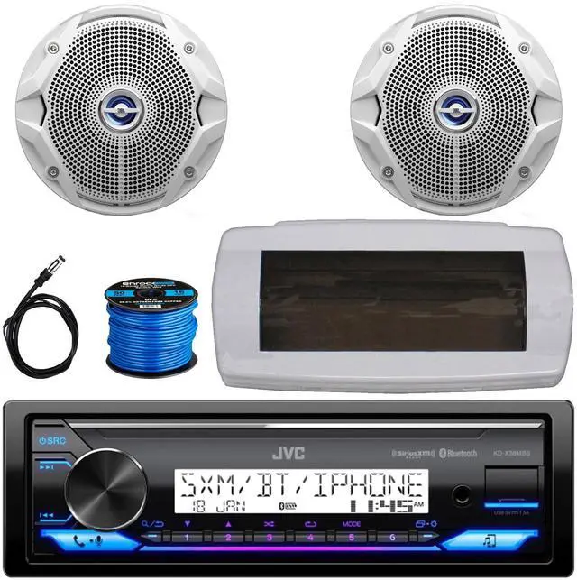 Main image of JVC KD-X38MBS Single-DIN Marine Bluetooth USB/AUX LED AM/FM SiriusXM Ready Stereo Receiver W/White Cover, 2x JBL 6.5" 180W Max Power Dual Cone Coaxial White Boat Speakers W/50 Feet Wire, 22" Antenna