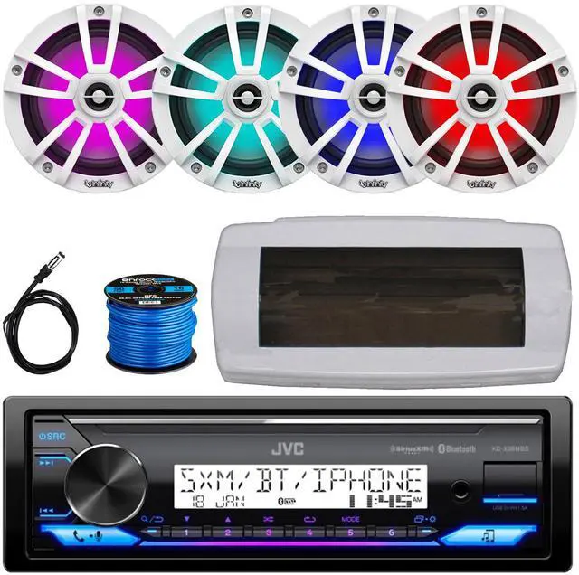 Main image of JVC KD-X38MBS Single-DIN Marine Bluetooth USB/AUX LED AM/FM SiriusXM Ready Stereo Receiver W/White Cover, 4x 6.5" 225W Max Power Waterproof Coaxial RGB LED Boat White Speakers W/50 Feet Wire, Antenna