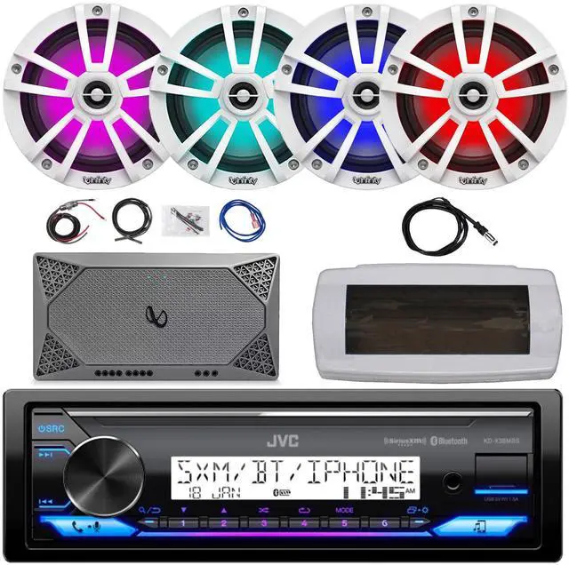 Main image of JVC KD-X38MBS Single-DIN Marine Bluetooth USB/AUX LED AM/FM SiriusXM Ready Stereo Receiver W/White Cover, 4x 6.5" 225W Max Power RGB LED White Boat Speakers, 4-Channel Compact Amplifier W/Kit, Antenna