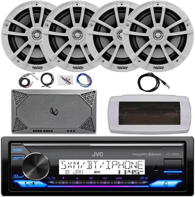 Alt view image 2 of 7 - JVC KD-X38MBS Single-DIN Marine Bluetooth USB/AUX LED AM/FM SiriusXM Ready Stereo Receiver W/White Cover, 4x JBL 6.5" 180W Max Power Dual Cone Coaxial White Boat Speakers W/50 Feet Wire, 22" Antenna