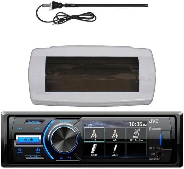 Main image of JVC KD-X560BT Single-DIN Marine Bluetooth USB/AUX MP3 AM/FM Radio Digital Media Stereo Receiver W/White Boat Stereo Splash Cover Bundle Combo With Black Flexible Rubber Mast Long Range Radio Antenna