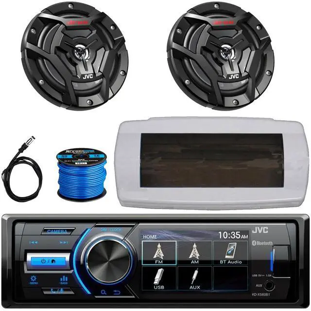 Main image of JVC KD-X560BT Single-DIN Marine Bluetooth USB/AUX MP3 AM/FM Radio Digital Media Stereo Receiver W/White Cover, 2x 6.5" 150W Max Power 2-Way Coaxial Black Boat Speakers W/50 Feet Wire, Radio Antenna