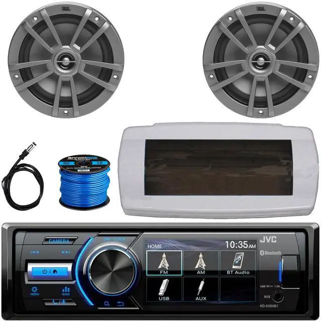 Main image of JVC KD-X560BT Single-DIN Marine Bluetooth USB/AUX MP3 AM/FM Radio Digital Media Stereo Receiver W/White Cover, 2x 6.5" 180W Max Power 2-Way Multi-Element Boat Gray Speakers W/50 Feet Wire, 22" Antenna