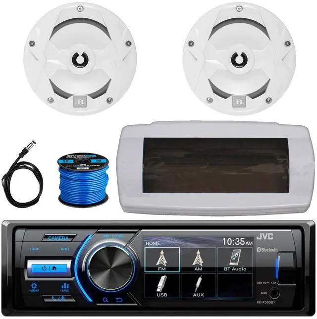 Main image of JVC KD-X560BT Single-DIN Marine Bluetooth USB/AUX MP3 AM/FM Radio Digital Media Stereo Receiver W/White Cover, 2x 6.5" 225W Max Power 2-Way Multi-Element Boat White Speakers W/50 Feet Wire, Antenna