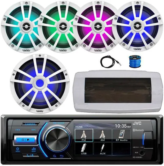 Main image of JVC KD-X560BT Single-DIN Marine Bluetooth USB/AUX MP3 AM/FM Radio Digital Media Stereo Receiver W/White Cover, 4x 6.5" 225W Max Power RGB LED Speakers W/Wire, 10" 750W Max Power Subwoofer, 22" Antenna