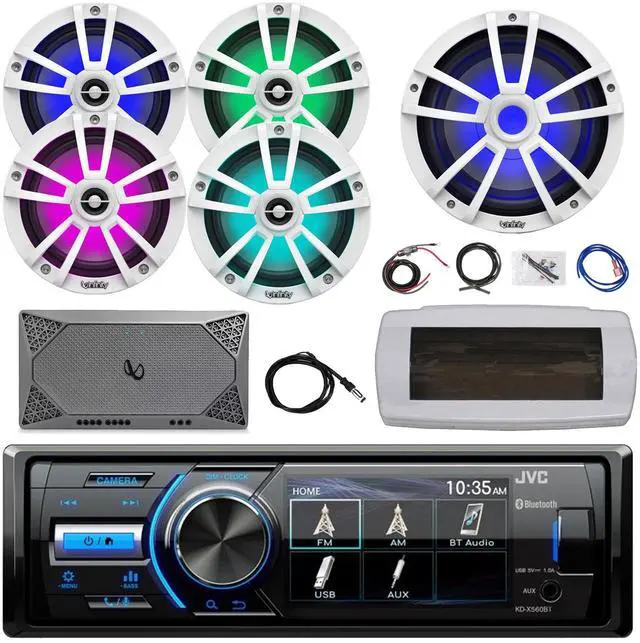 Main image of JVC KD-X560BT Single-DIN Marine Bluetooth USB/AUX MP3 AM/FM Radio Digital Media Stereo Receiver W/White Cover, 4x 6.5" 225W Max Speakers, 10" 750W Max Subwoofer, 4-Channel Amplifier W/Kit, 22" Antenna