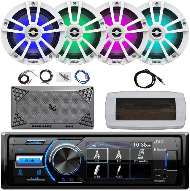Main image of JVC KD-X560BT Single-DIN Marine Bluetooth USB/AUX MP3 AM/FM Radio Digital Media Stereo Receiver W/White Cover, 4x 6.5" 225W Max Coaxial White RGB LED Boat Speakers, 4-Channel Amplifier W/Kit, Antenna