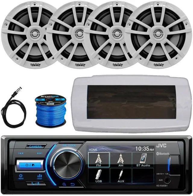 Main image of JVC KD-X560BT Single-DIN Marine Bluetooth USB/AUX MP3 AM/FM Radio Digital Media Stereo Receiver W/White Cover, 4x 6.5" 225W Max Power High-Performance 2-Way Boat Speakers W/50 Feet Wire, 22" Antenna