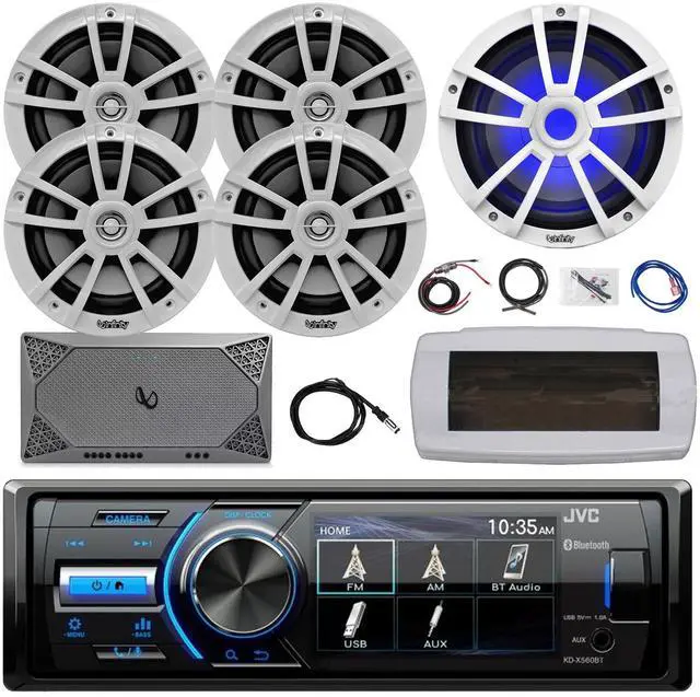 Main image of JVC KD-X560BT Single-DIN Marine Bluetooth USB/AUX MP3 AM/FM Radio Digital Media Stereo Receiver W/White Cover, 4x 6.5" 225W Peak Speakers, 10" RGB LED Subwoofer, 4-Channel Amplifier W/Kit, 22" Antenna