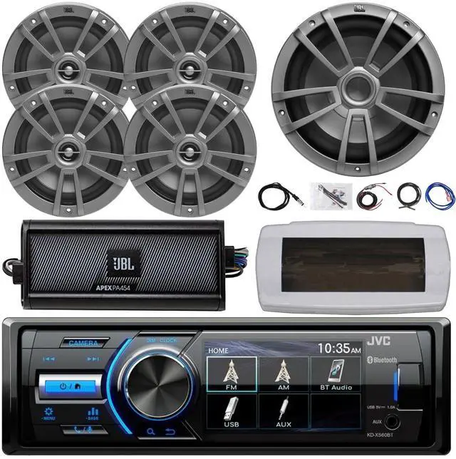 Main image of JVC KD-X560BT Single-DIN Marine Bluetooth USB/AUX MP3 AM/FM Radio Digital Media Stereo Receiver W/White Cover, 4x 6.5" 180W Max Speakers, 10" 600W Max Subwoofer, 4-Channel Amplifier W/Kit, 22" Antenna