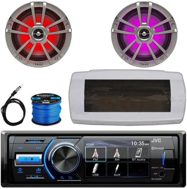 Main image of JVC KD-X560BT Single-DIN Marine Bluetooth USB/AUX MP3 AM/FM Radio Digital Media Stereo Receiver W/White Cover, 2x 6.5" 225W Max Power Waterproof Coaxial RGB LED Boat Titanium Speakers W/Wire, Antenna