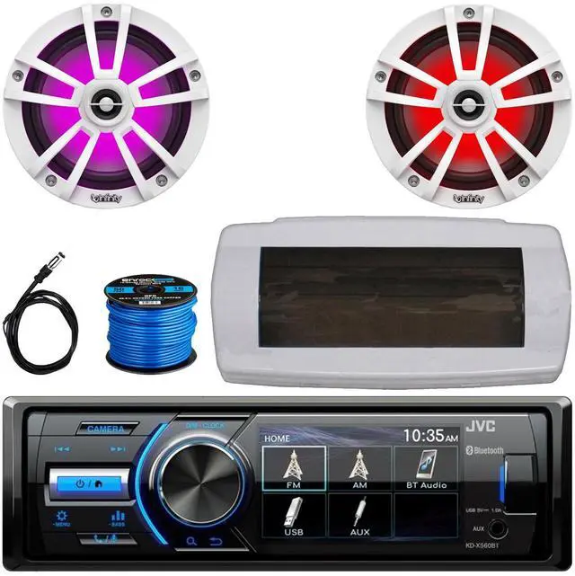 Main image of JVC KD-X560BT Single-DIN Marine Bluetooth USB/AUX MP3 AM/FM Radio Digital Media Stereo Receiver W/White Cover, 2x 6.5" 225W Max Power Waterproof Coaxial RGB LED Boat White Speakers W/Wire, Antenna