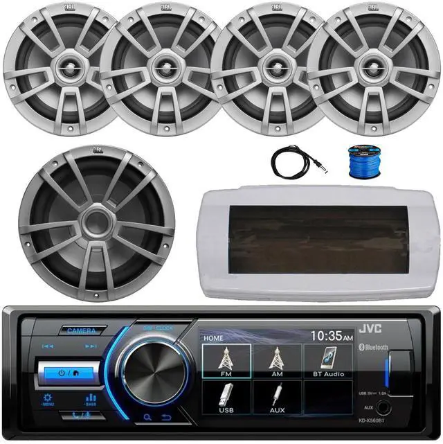 Main image of JVC KD-X560BT Single-DIN Marine Bluetooth USB/AUX MP3 AM/FM Radio Digital Media Stereo Receiver W/White Cover, 4x 8" 375W Max Power Boat Gray Speakers W/Wire, 10" 600W Max Power Subwoofer, Antenna