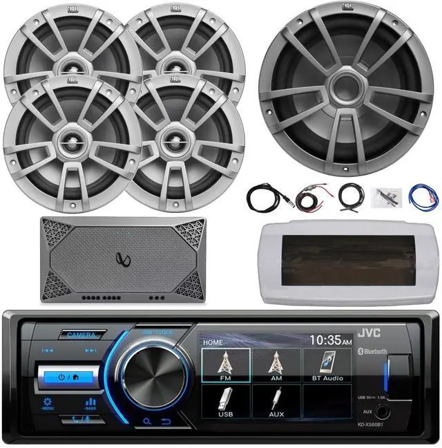 Main image of JVC KD-X560BT Single-DIN Marine Bluetooth USB/AUX MP3 AM/FM Radio Digital Media Stereo Receiver W/White Cover, 4x 8" 375W Max Speakers, 10" 600W Max Subwoofer, 4-Channel Amplifier W/Kit, 22" Antenna