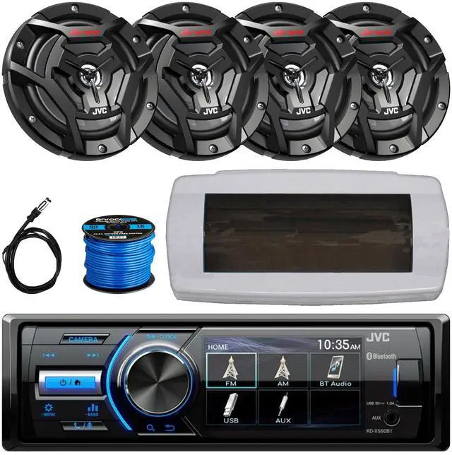 Main image of JVC KD-X560BT Single-DIN Marine Bluetooth USB/AUX MP3 AM/FM Radio Digital Media Stereo Receiver W/White Cover, 4x 6.5" 150W Max Power 2-Way Coaxial Black Boat Speakers W/50 Feet Wire, Radio Antenna