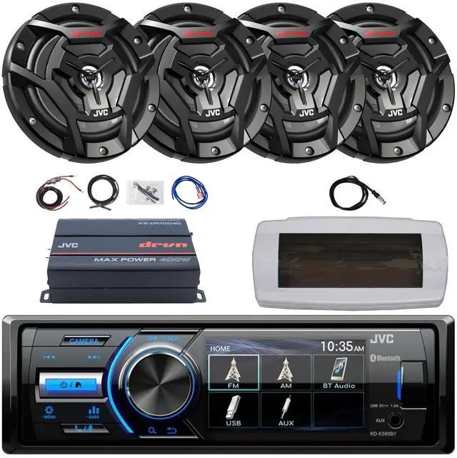 Main image of JVC KD-X560BT Single-DIN Marine Bluetooth USB/AUX MP3 AM/FM Radio Digital Media Stereo Receiver W/White Cover, 4x 6.5" 150W Max Power 2-Way Coaxial Black Speakers, 4-Channel Amplifier W/Kit, Antenna