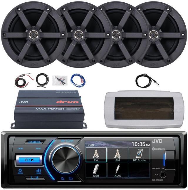 Main image of JVC KD-X560BT Single-DIN Marine Bluetooth USB/AUX MP3 AM/FM Radio Digital Media Stereo Receiver W/White Cover, 4x 6.5" 100W Max Power 2-Way Boat Speakers, 4-Channel Compact Amplifier W/Kit, Antenna