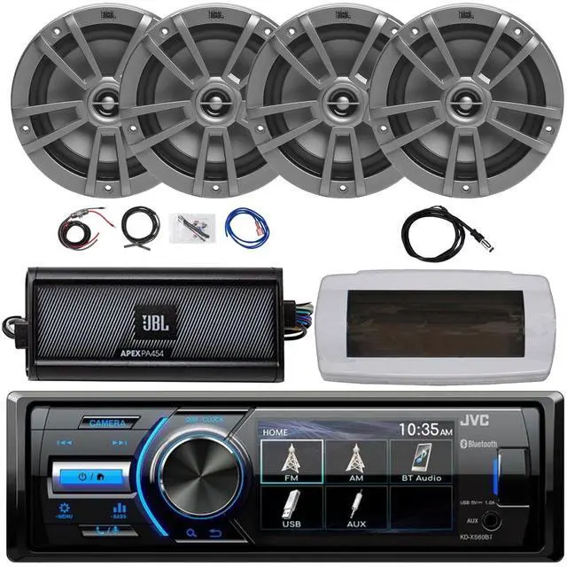 Main image of JVC KD-X560BT Single-DIN Marine Bluetooth USB/AUX MP3 AM/FM Radio Digital Media Stereo Receiver W/White Cover, 4x 6.5" 180W Max Power 2-Way Boat Gray Speakers, 4-Channel Amplifier W/Kit, 22" Antenna