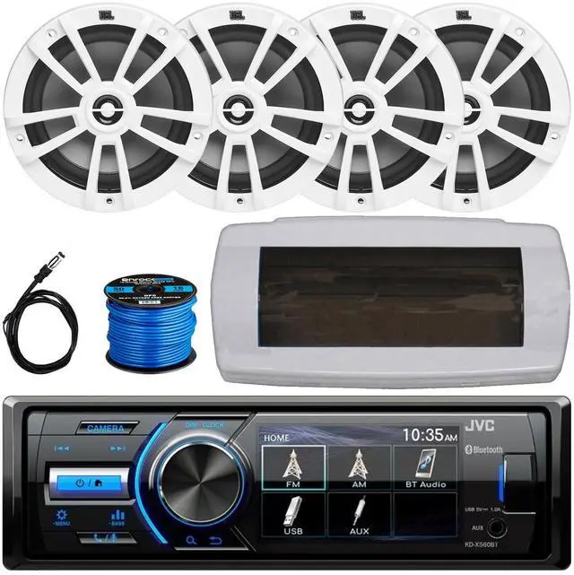 Main image of JVC KD-X560BT Single-DIN Marine Bluetooth USB/AUX MP3 AM/FM Radio Digital Media Stereo Receiver W/White Cover, 4x 6.5" 180W Max Power 2-Way Multi-Element Boat White Speakers W/50 Feet Wire, Antenna