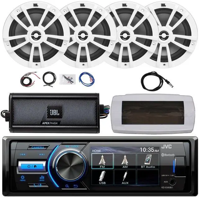 Main image of JVC KD-X560BT Single-DIN Marine Bluetooth USB/AUX MP3 AM/FM Radio Digital Media Stereo Receiver W/White Cover, 4x 6.5" 180W Max Power 2-Way White Speakers, 4 Channel Class D Amplifier W/Kit, Antenna