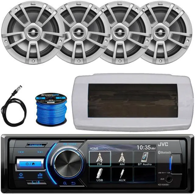 Main image of JVC KD-X560BT Single-DIN Marine Bluetooth USB/AUX MP3 AM/FM Radio Digital Media Stereo Receiver W/White Cover, 4x 8" 375W Max Power High-Performance Boat Gray Speakers W/50 Feet Wire, Radio Antenna