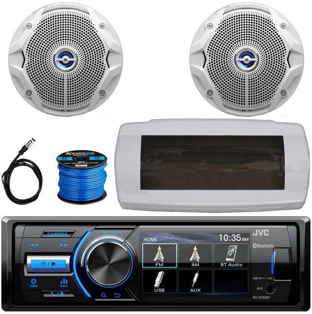 Main image of JVC KD-X560BT Single-DIN Marine Bluetooth USB/AUX MP3 AM/FM Radio Digital Media Stereo Receiver W/White Cover, 2x 6.5" 180W Max Power Dual Cone Coaxial White Boat Speakers W/50 Feet Wire, 22" Antenna