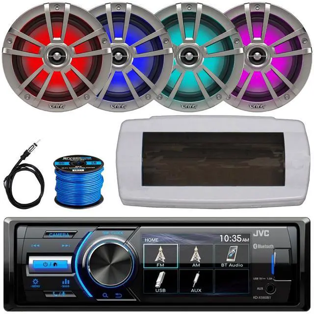 Main image of JVC KD-X560BT Single-DIN Marine Bluetooth USB/AUX MP3 AM/FM Radio Digital Media Stereo Receiver W/White Cover, 4x 6.5" 225W Max Power Waterproof Coaxial RGB LED Boat Titanium Speakers W/Wire, Antenna
