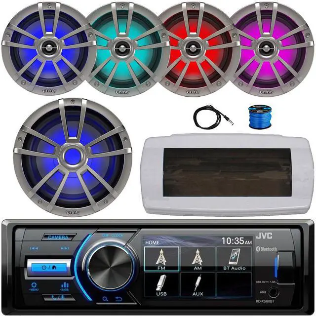 Main image of JVC KD-X560BT Single-DIN Marine Bluetooth USB/AUX MP3 AM/FM Radio Digital Media Stereo Receiver W/White Cover, 4x 6.5" 225W Max Power RGB LED Titanium Speakers W/Wire, 10" 750W Max Subwoofer, Antenna