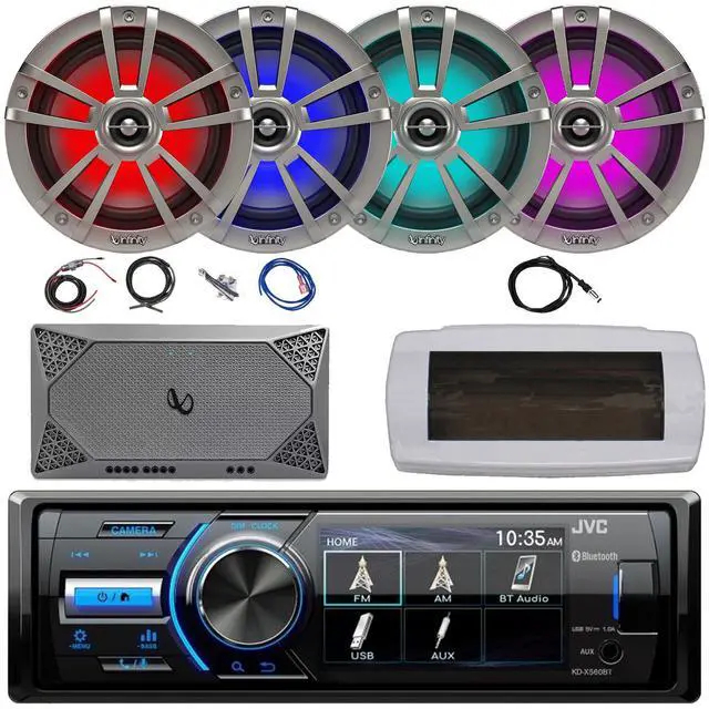 Main image of JVC KD-X560BT Single-DIN Marine Bluetooth USB/AUX MP3 AM/FM Radio Digital Media Stereo Receiver W/White Cover, 4x 6.5" 225W Max Power RGB LED Boat Titanium Speakers, 4-Channel Amplifier W/Kit, Antenna