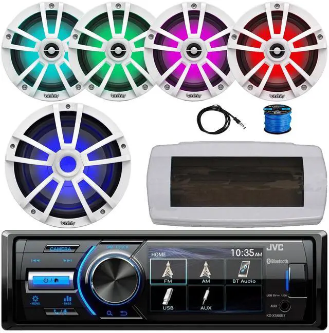 Main image of JVC KD-X560BT Single-DIN Marine Bluetooth USB/AUX MP3 AM/FM Radio Digital Media Stereo Receiver W/White Cover, 4x 6.5" 225W Max Power RGB LED White Speakers W/Wire, 10" 750W Max Subwoofer, Antenna