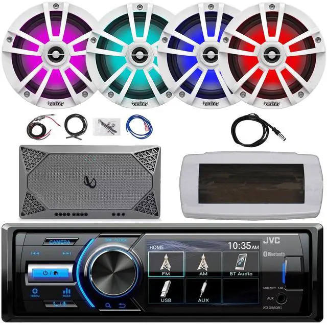 Main image of JVC KD-X560BT Single-DIN Marine Bluetooth USB/AUX MP3 AM/FM Radio Digital Media Stereo Receiver W/White Cover, 4x 6.5" 225W Max Power RGB LED White Boat Speakers, 4-Channel Amplifier W/Kit, Antenna