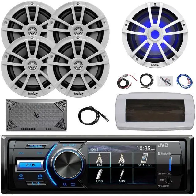 Main image of JVC KD-X560BT Single-DIN Marine Bluetooth USB/AUX MP3 AM/FM Radio Digital Media Stereo Receiver W/White Cover, 4x 6.5" 225W Max Speakers, 10" RGB LED Subwoofer, 4 Channel Amplifier W/Kit, 22" Antenna
