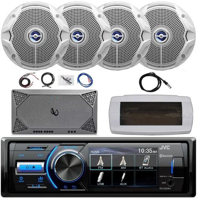 Main image of JVC KD-X560BT Single-DIN Marine Bluetooth USB/AUX MP3 AM/FM Radio Digital Media Stereo Receiver W/White Cover, 4x 6.5" 180W Max Power Dual Cone Coaxial Speakers, 4-Channel Amplifier W/Kit 22" Antenna