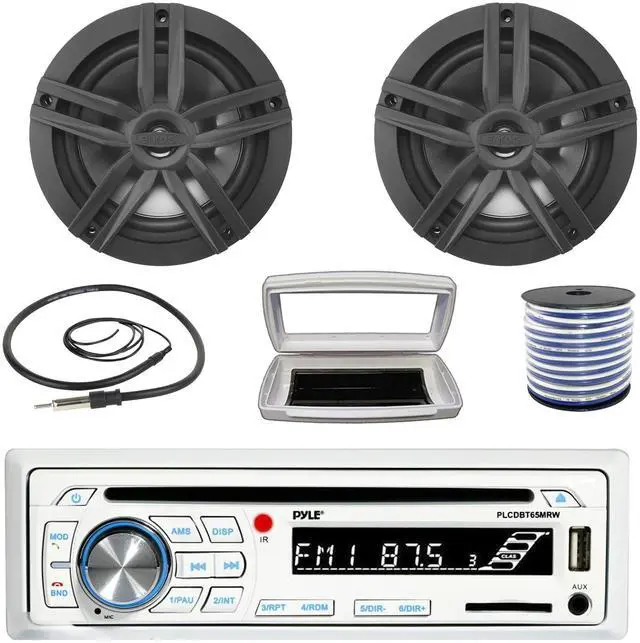 Main image of Pyle PLCDBT65 Single-DIN Marine Bluetooth USB/AUX CD Player AM/FM Stereo Receiver W/White Cover, 2x Enrock EM265B 6.5" 180W Max Power 2-Way Boat Black Speakers W/50 Feet 18G Wire, 22" Radio Antenna
