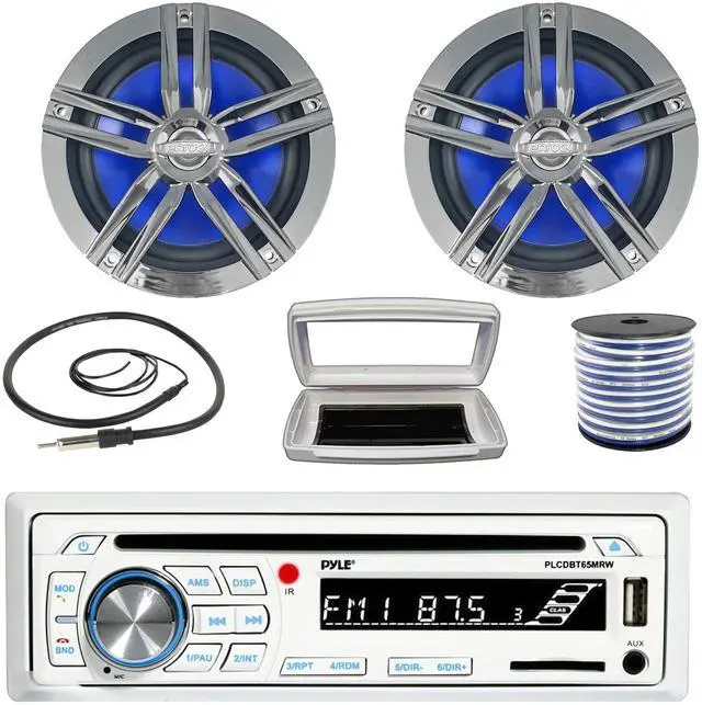 Main image of Pyle PLCDBT65 Single-DIN Marine Bluetooth USB/AUX CD Player AM/FM Stereo Receiver W/White Cover, 2x 6.5" 180W Max Power 2-Way High-Performance Boat Charcoal Speakers W/50 Feet 18G Wire, Radio Antenna