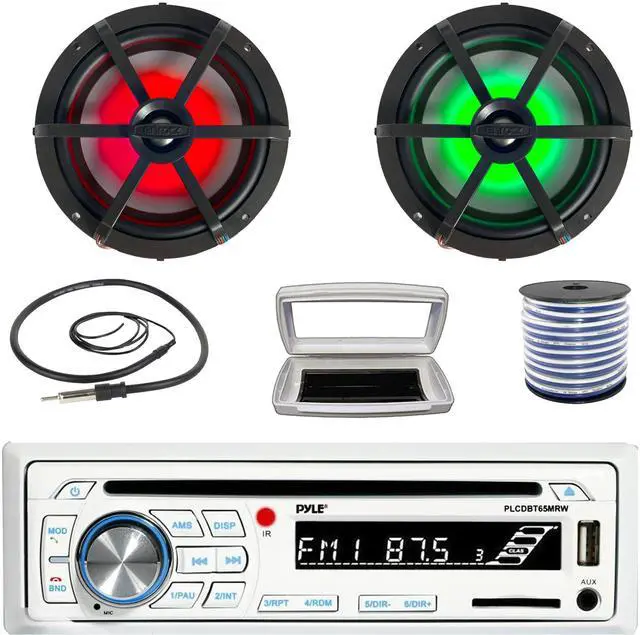 Main image of Pyle PLCDBT65 Single-DIN Marine Bluetooth USB/AUX CD Player AM/FM Stereo Receiver W/White Cover, 2x Enrock EM265RGB 6.5" 120 Watt Max Power RGB LED Coaxial Boat Speakers W/50 Feet 18G Wire, Antenna