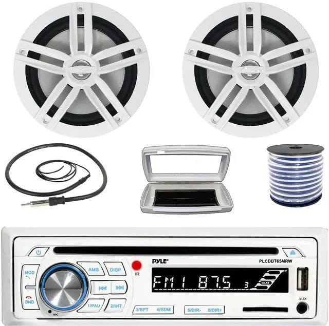 Main image of Pyle PLCDBT65 Single-DIN Marine Bluetooth USB/AUX CD Player AM/FM Stereo Receiver W/White Cover, 2x Enrock EM265W 6.5" 180 Watt Peak Power 2-Way Boat Audio White Speakers W/50 Feet 18G Wire, Antenna