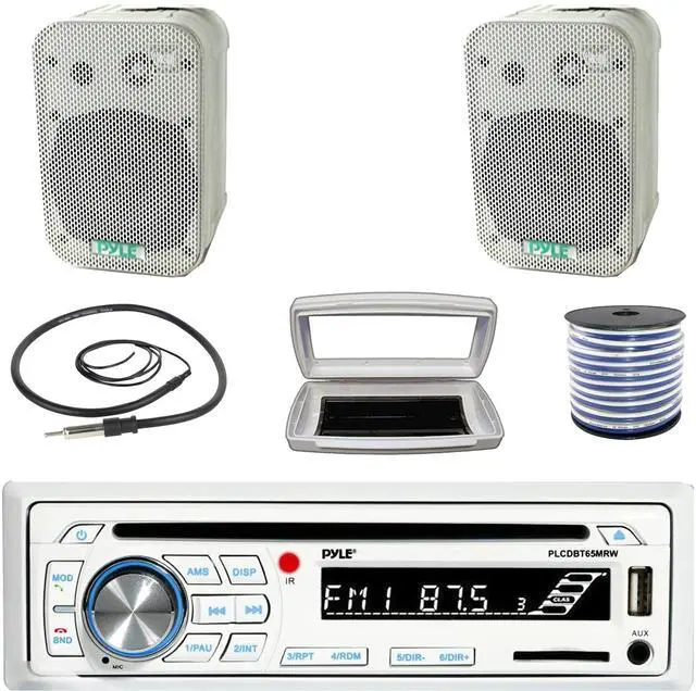 Main image of Pyle PLCDBT65 Single-DIN Marine Bluetooth USB/AUX CD Player AM/FM Stereo Receiver W/White Cover, 2x 5.25" 400W Max Power Indoor/Outdoor White Waterproof Boat Speakers W/50 Feet 18G Wire, Radio Antenna