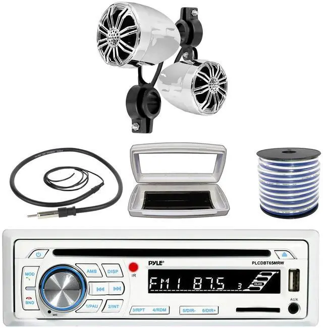 Main image of Pyle PLCDBT65 Single-DIN Marine Bluetooth USB/AUX CD Player AM/FM Stereo Receiver W/White Cover, 2x Pyle PLMR22CR 2.25' 10W Max Power Full Range Off-Road Chrome Speakers W/50 Feet 18G Wire, Antenna